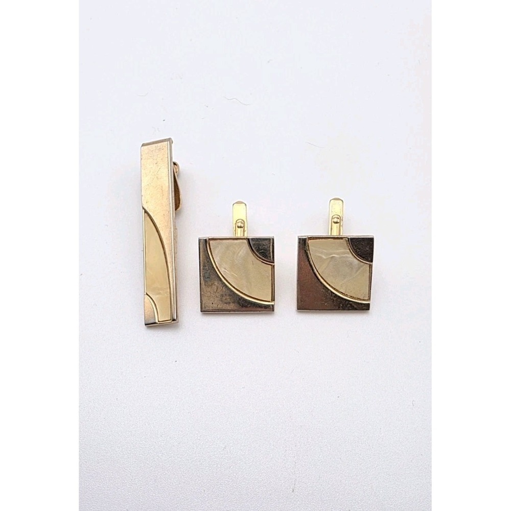 Vtg SWANK Mother of Pearl Inlay Tie Clip Bar & Cufflinks Set Gold Tone FREE $HIP - Picture 2 of 4